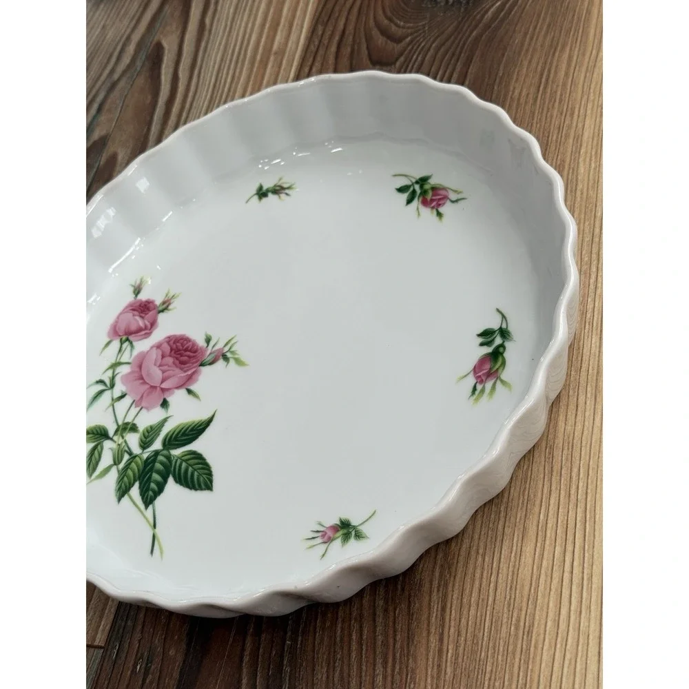 Christineholm White Ceramic Pink Rose Quiche Tart Pie Baking Dish 9.5